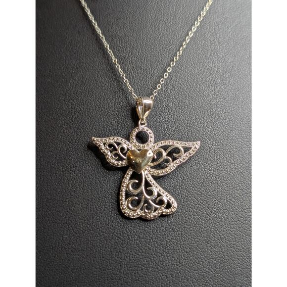 925 Sterling Silver Filigree Angel W/ 10K Yellow Gold Heart Pendant 18" Necklace - Picture 7 of 8